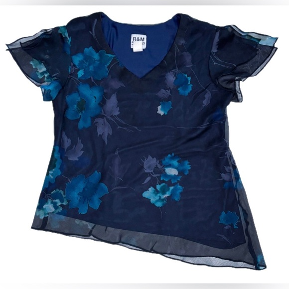 Vintage Black Floral Blouse Shirt Size 14 Asymmetrical Hem Flutter Sleeves Fairy - Picture 1 of 3